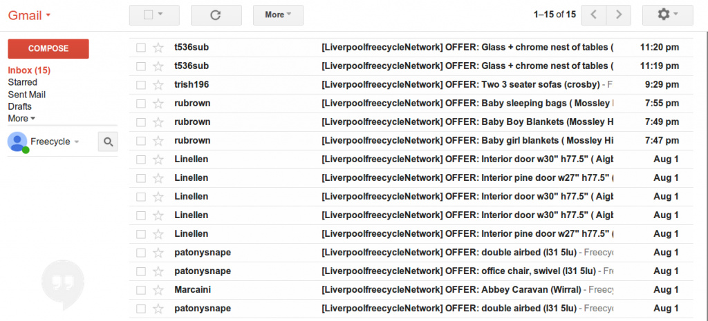 screenshot of lots of emails from freecycle