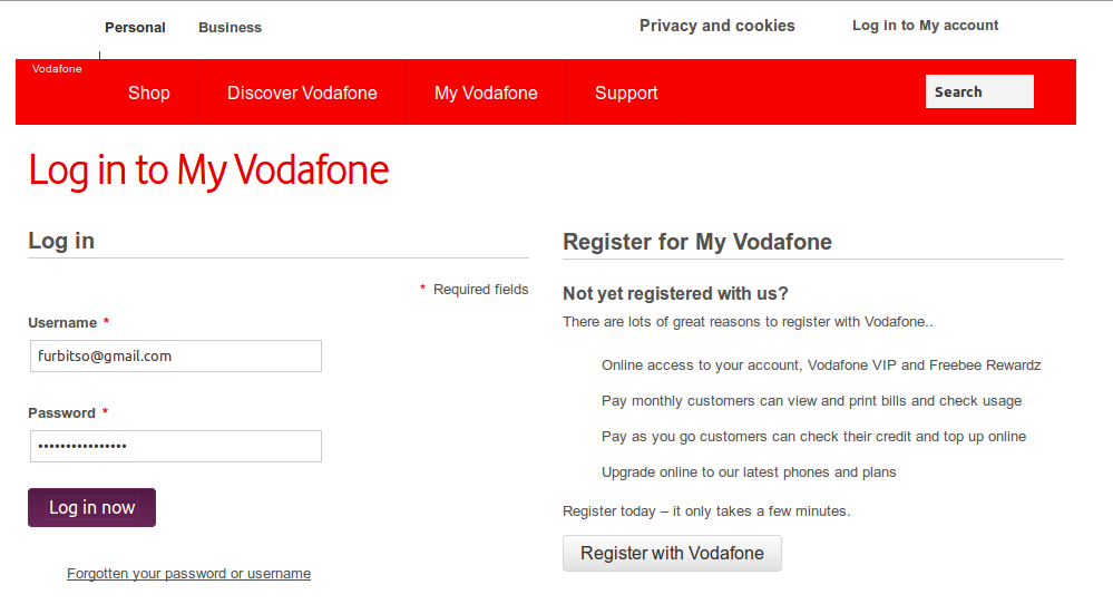 Vodafone online login screen