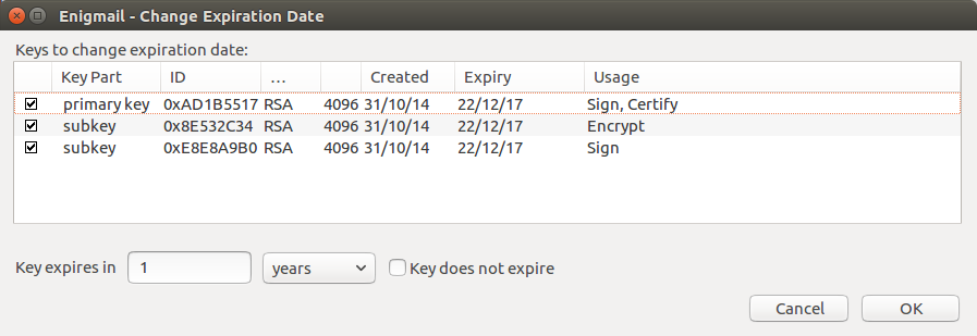 Enigmail window showing key and two subkeys with a control to extend the expiry