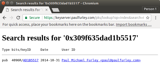 Screenshot of a search result from my PGP keyserver