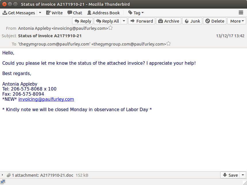 Screenshot of an email containing a dangerous attachment